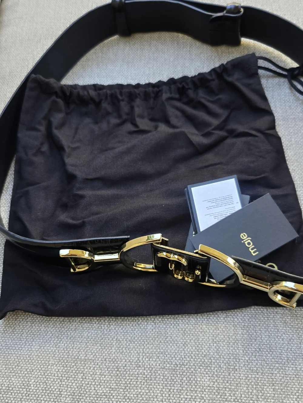 Maje Black Patent Belt with Gold Double-D Buckle